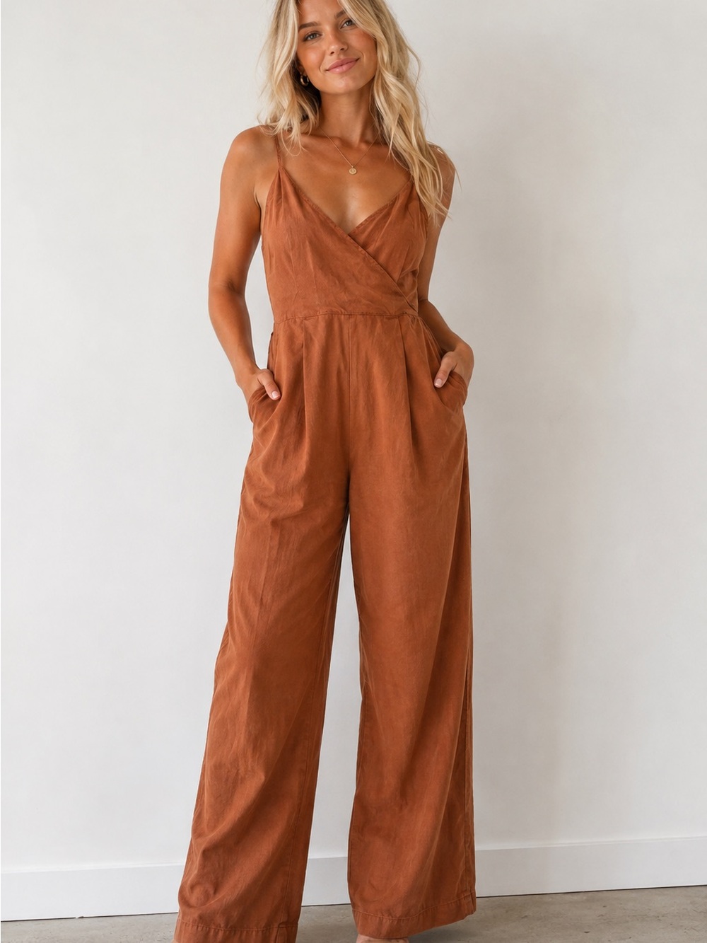 Free People Jade Faux Wrap Leg Jumpsuit with Belt - Rust